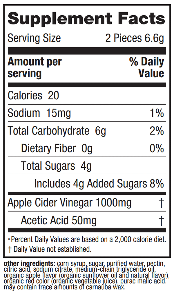 Supplement Facts of Apple Cider Vinegar Gummies